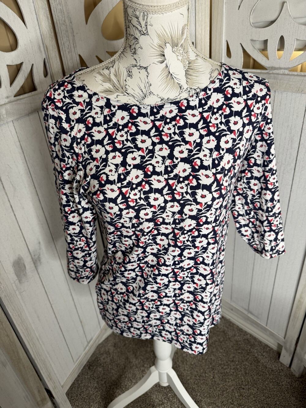 Saint James Floral 3/4 Sleeve Top France Navy White Print Casual Size US 8